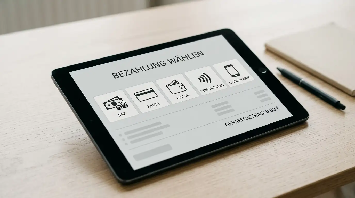 Kassenbereich eines Casinos auf einem Tablet mit neutralen Zahlungsoptionen