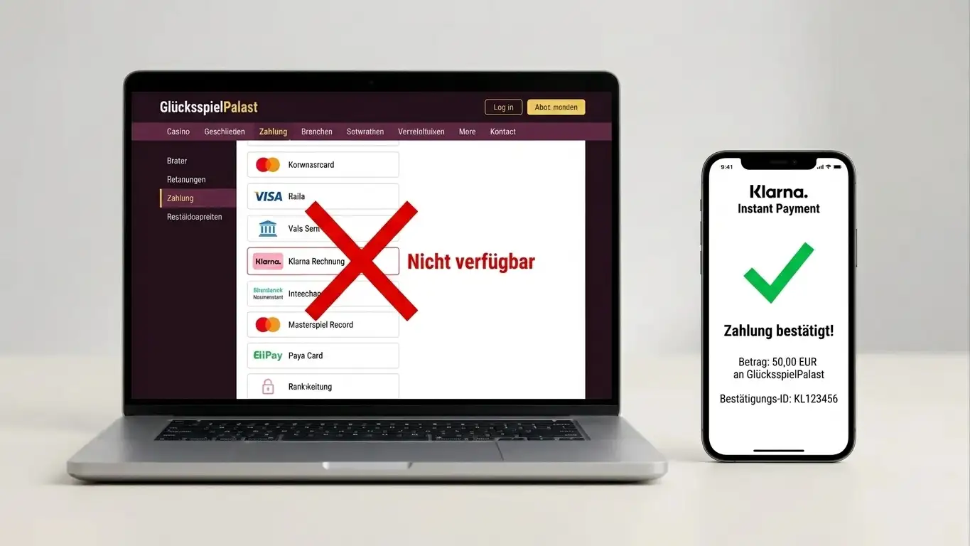 Laptop zeigt Casino-Website mit durchgestrichener Klarna-Rechnung-Option, daneben Smartphone mit Klarna-Sofort-Bestätigung