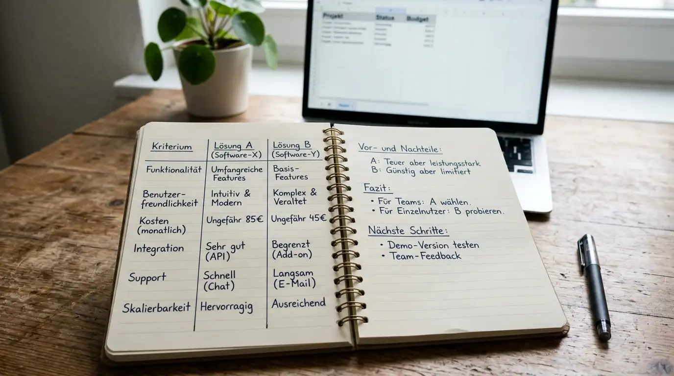 Notizbuch mit Vergleichsliste neben Laptop auf Schreibtisch