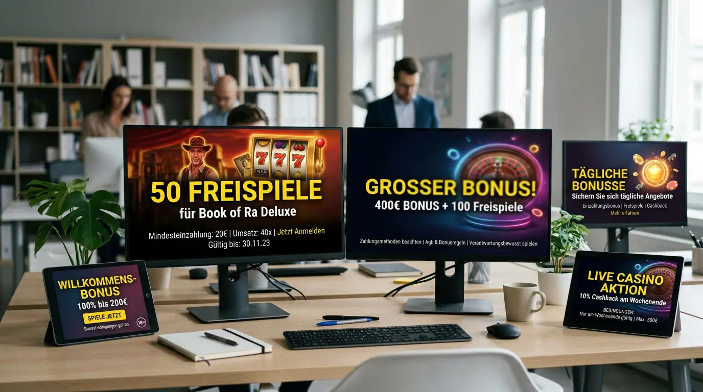 Mehrere Casino-Webseiten auf Bildschirmen mit Bonusangeboten und Bedingungen