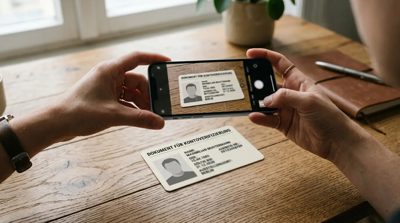 Smartphone fotografiert ein neutrales Ausweisdokument für die Kontoverifizierung