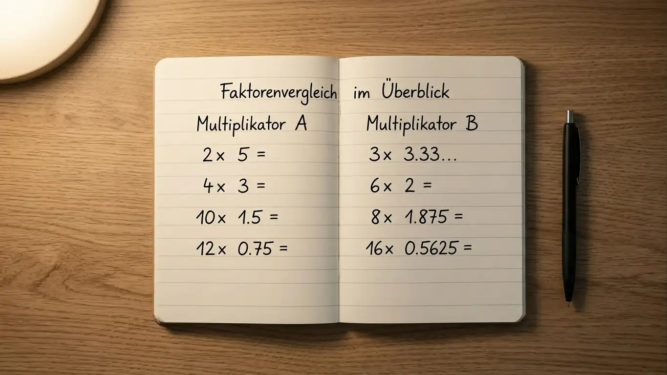 Notizbuch mit handschriftlichem Wagering-Vergleich x5 versus x45 auf einem Schreibtisch