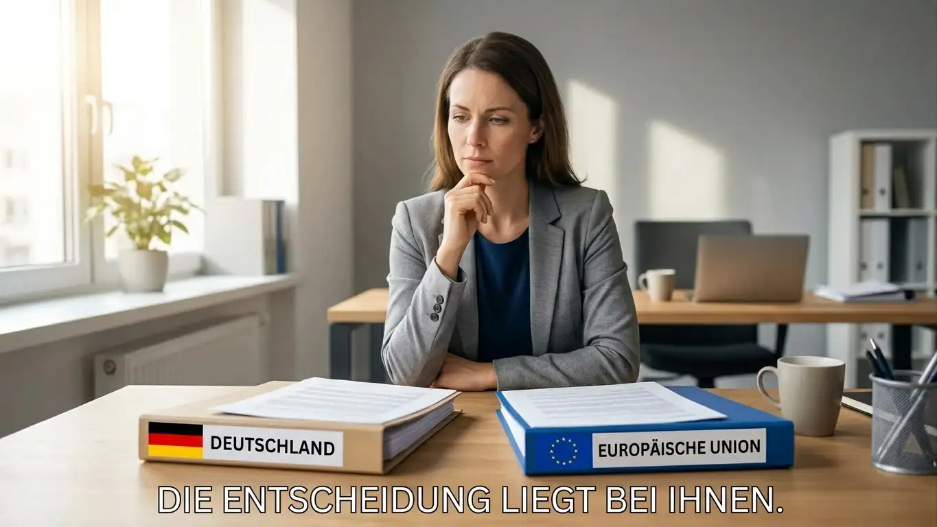 Person am Schreibtisch überlegt zwischen zwei Optionen mit Dokumenten