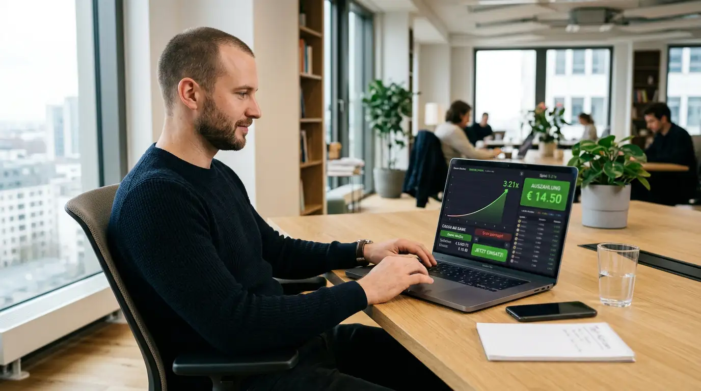 Person testet Crash-Game im Demo-Modus auf Laptop ohne Risiko