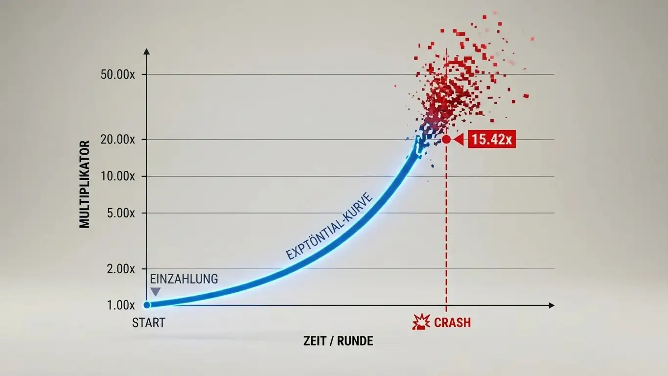 Schematische Darstellung einer steigenden Crash-Game-Kurve mit Multiplikator-Achse