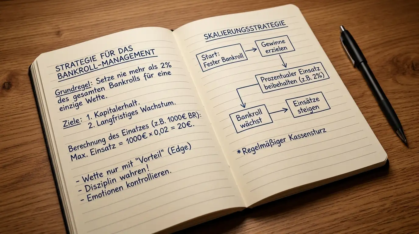 Notizbuch mit Bankroll-Management-Notizen und Strategie-Diagramm