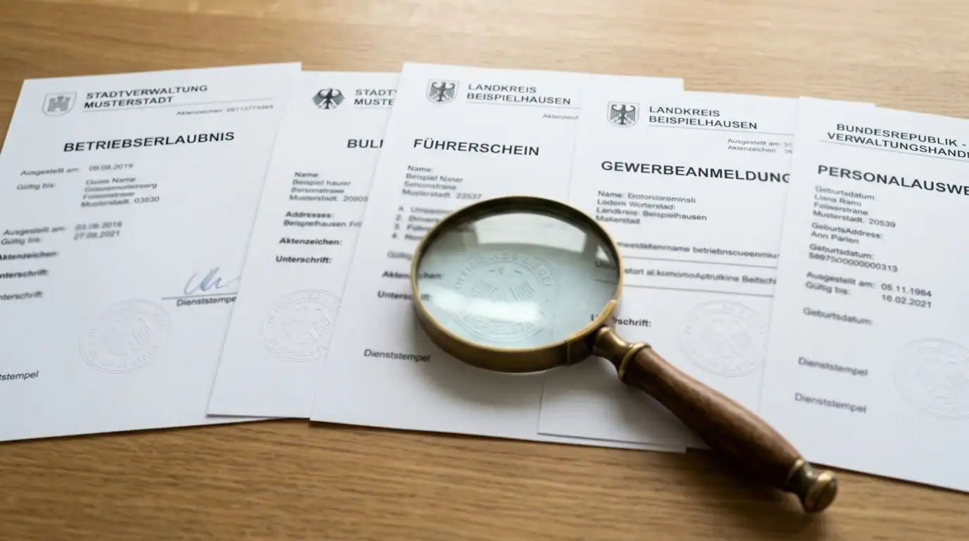 Neutrale Lizenzdokumente aus verschiedenen Jurisdiktionen nebeneinander auf einem Tisch