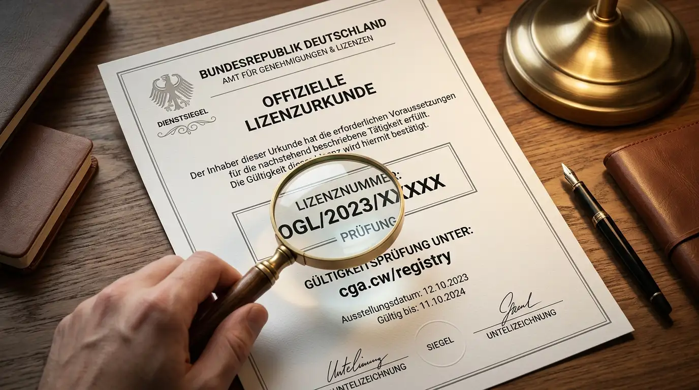 Curaçao-Lizenz-Zertifikat mit Registrierungsnummer und Verifikations-URL