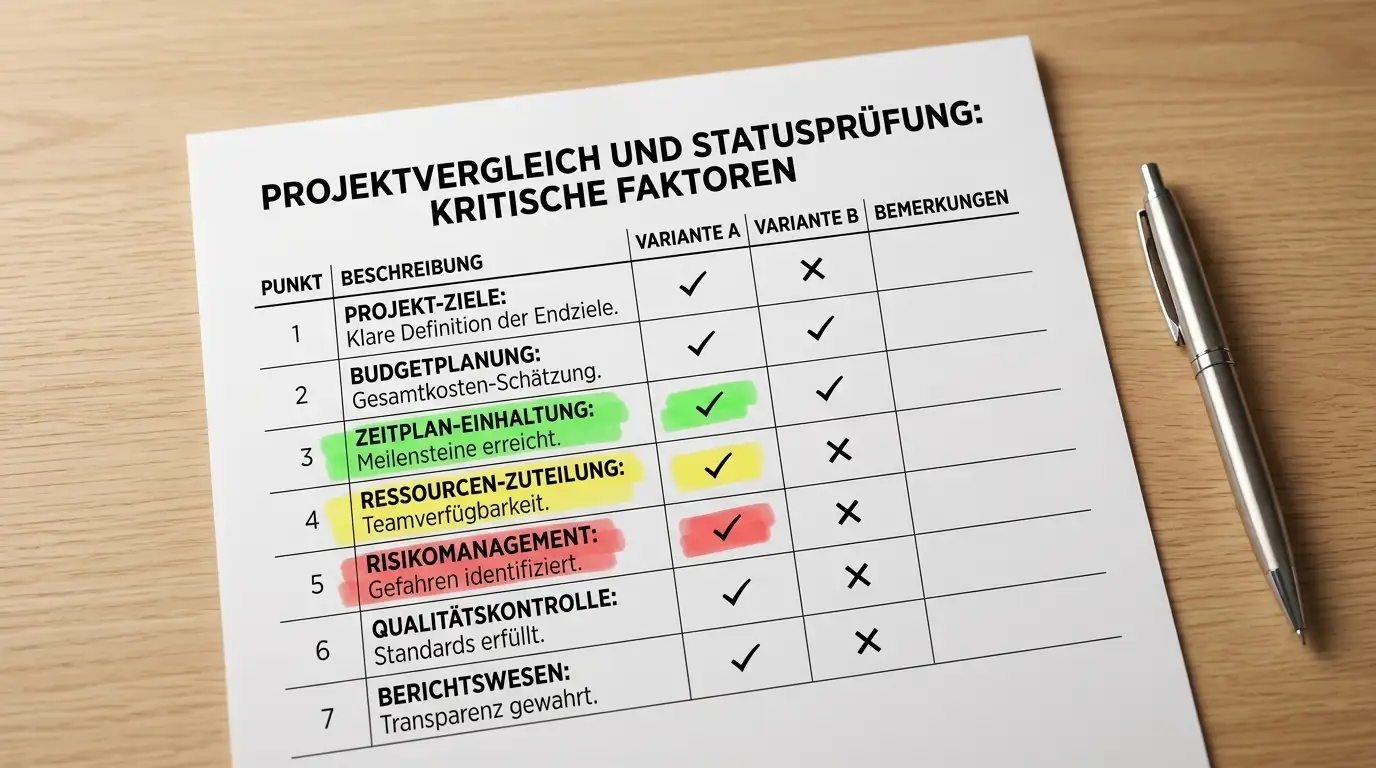 Vergleichsliste mit Markierungen an kritischen Stellen