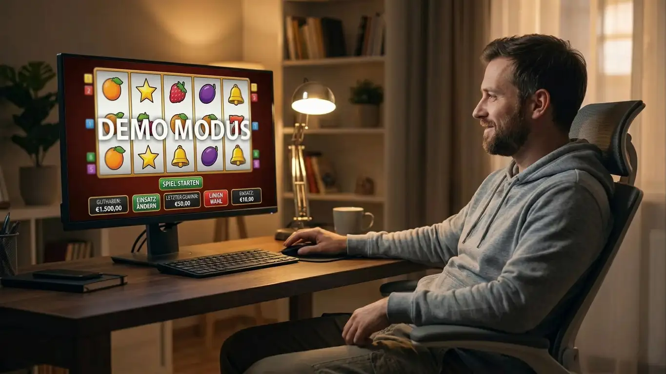 Person testet Slot im Demo-Modus am Bildschirm, entspannte Lernatmosphäre