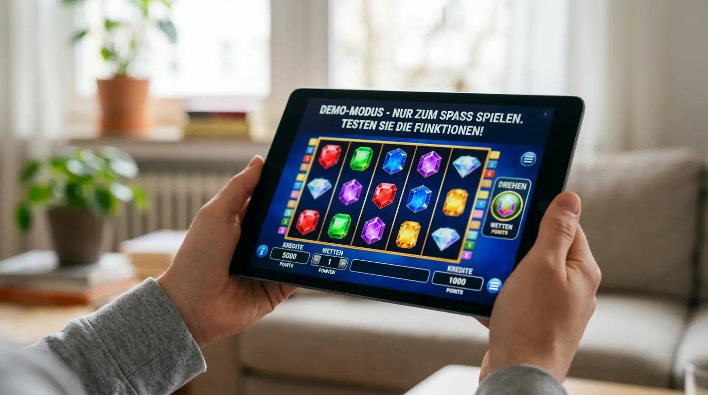 Hände halten Tablet mit farbiger Slot-Interface im Demo-Modus, gemütliche Heimumgebung
