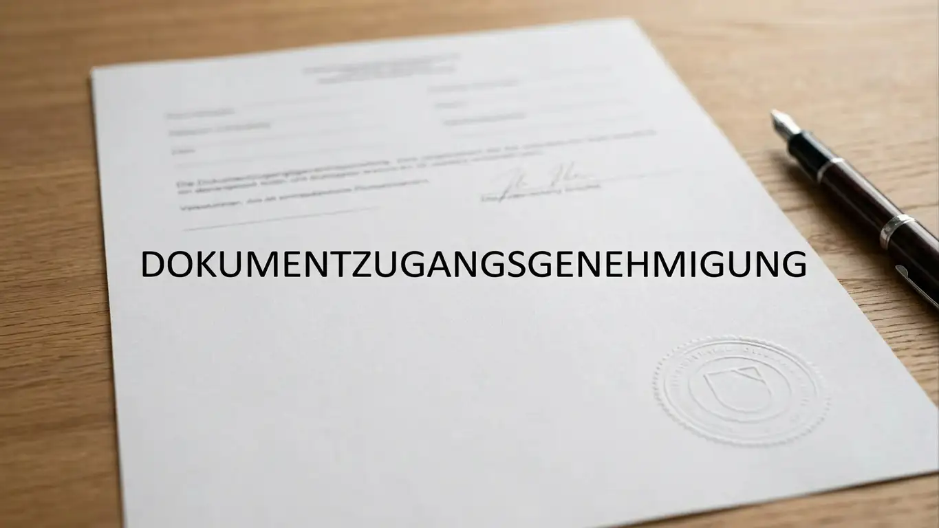 Amtliches Lizenzdokument mit Stempel auf einem aufgeräumten Schreibtisch ohne erkennbares Wappen