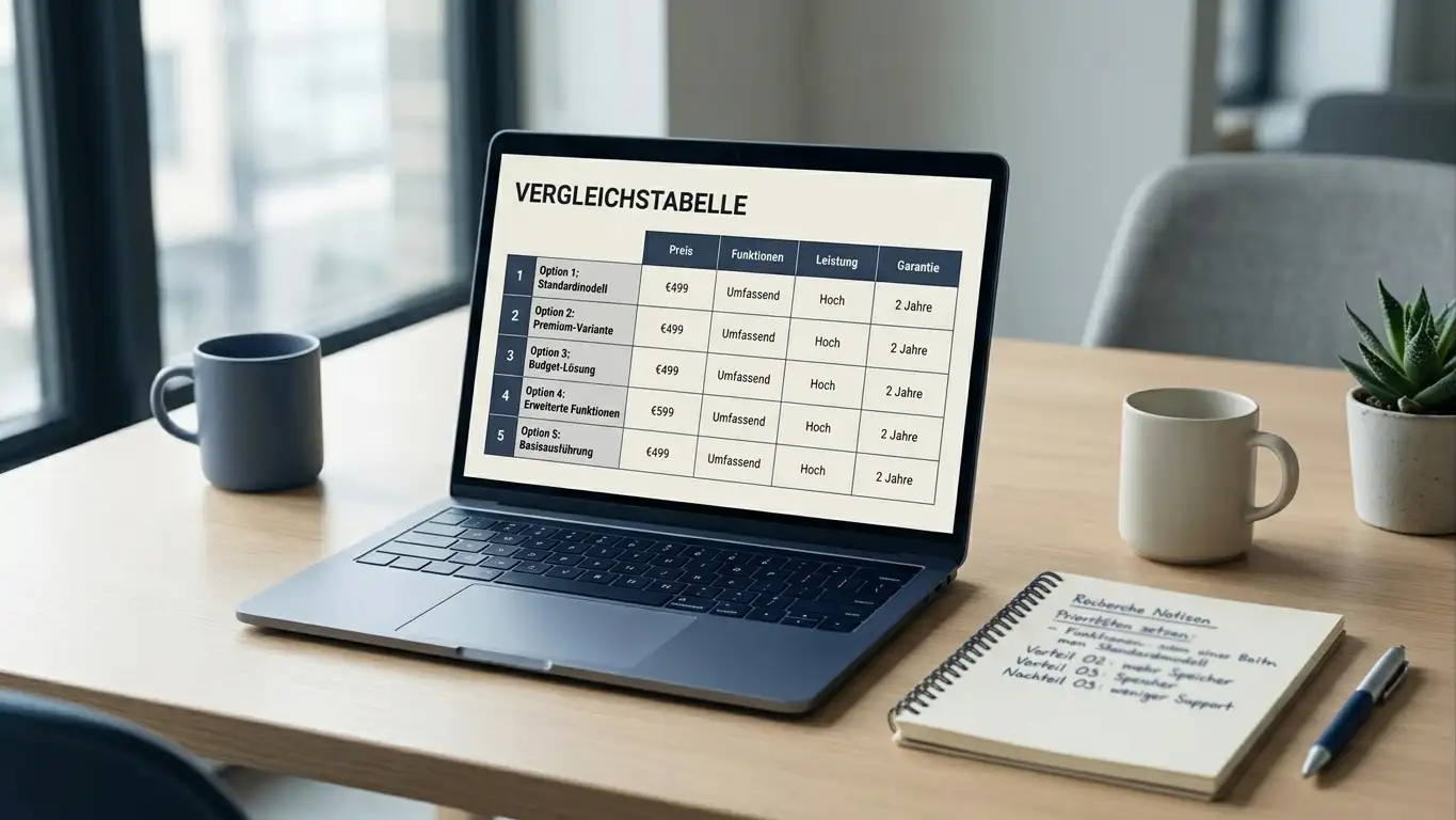 Schreibtisch mit neutraler Vergleichstabelle für fünf deutsche Spielangebote