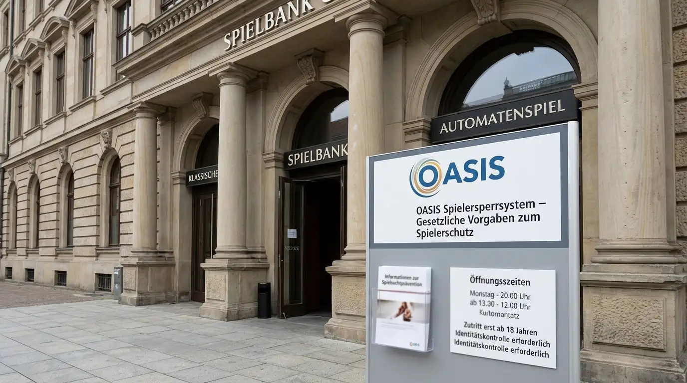 Eingangsbereich einer stationären deutschen Spielbank mit OASIS-Logo