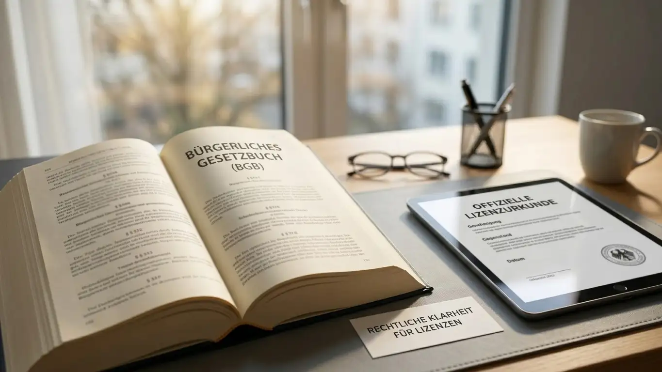 Aufgeschlagenes Gesetzbuch mit deutschem Paragraphenzeichen und digitales Tablet zeigt Lizenz-Dokument