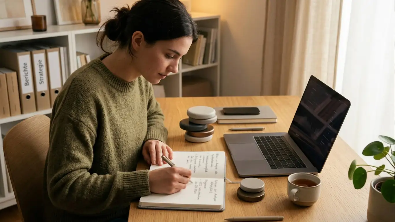 Person mit Notizbuch prüft Auszahlungslimit vor Laptop — ruhige Editorial-Szene