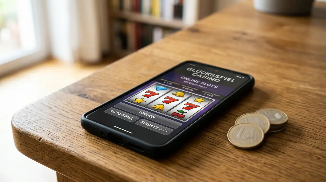 Smartphone mit Casino-App und Ein-Euro-Münzen daneben