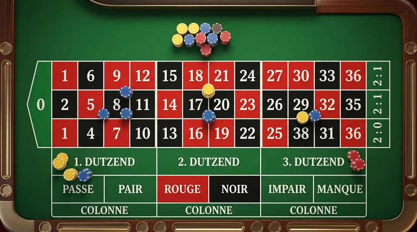 Europäisches Roulette-Tableau mit Wettoptionen und Auszahlungsquoten