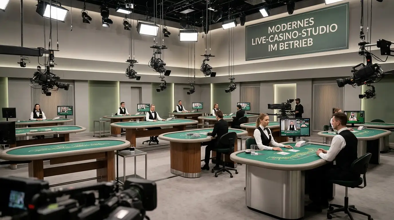 Modernes Studio mit mehreren Baccarat-Tischen, Professional-Dealer an jedem Tisch, Streaming-Equipment sichtbar