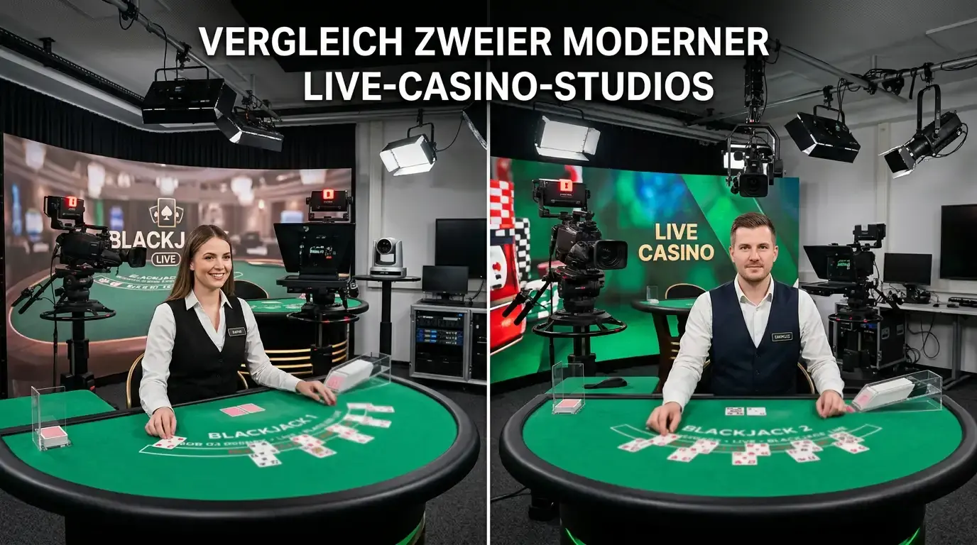 Evolution Gaming und Pragmatic Play Live-Studio-Setups nebeneinander