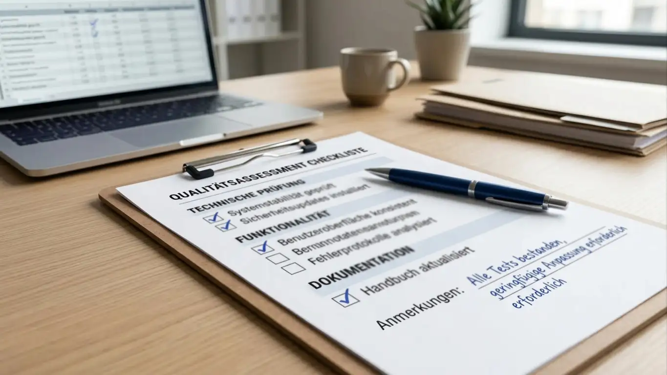 Checkliste mit Checkmarks auf Clipboard neben Laptop