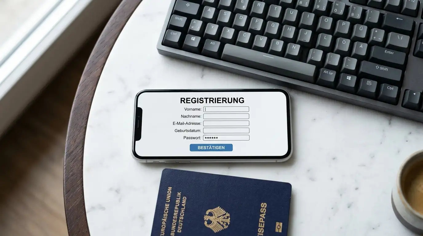Smartphone mit Registrierungsformular und Reisepass auf Marmortisch