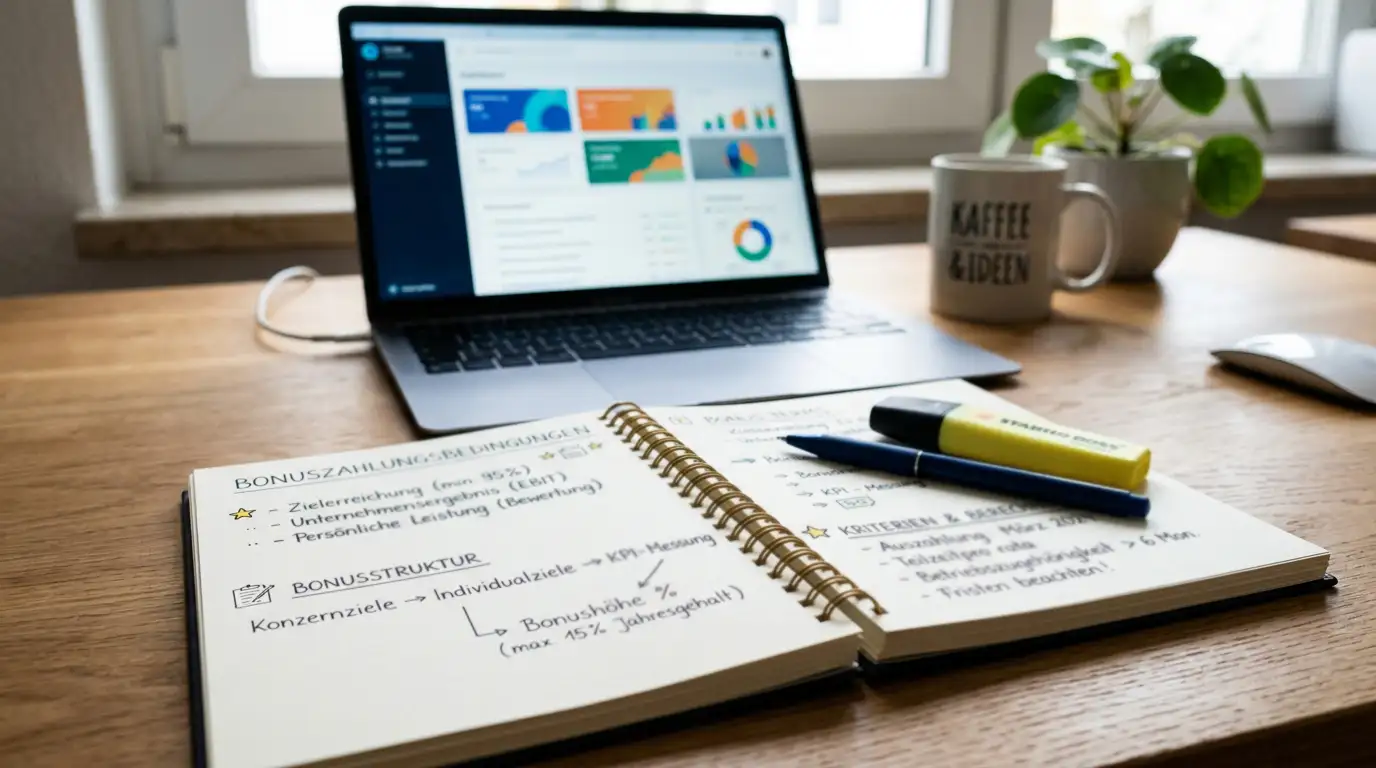 Schreibtisch mit offenem Planer zeigt handschriftliche Notizen zu Bonusbedingungen, Laptop im Hintergrund