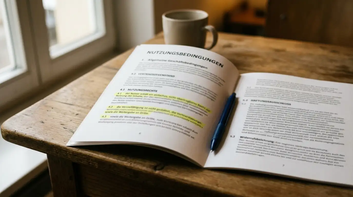 Aufgeschlagene Bonusbedingungen mit markierten Textstellen und Stift daneben