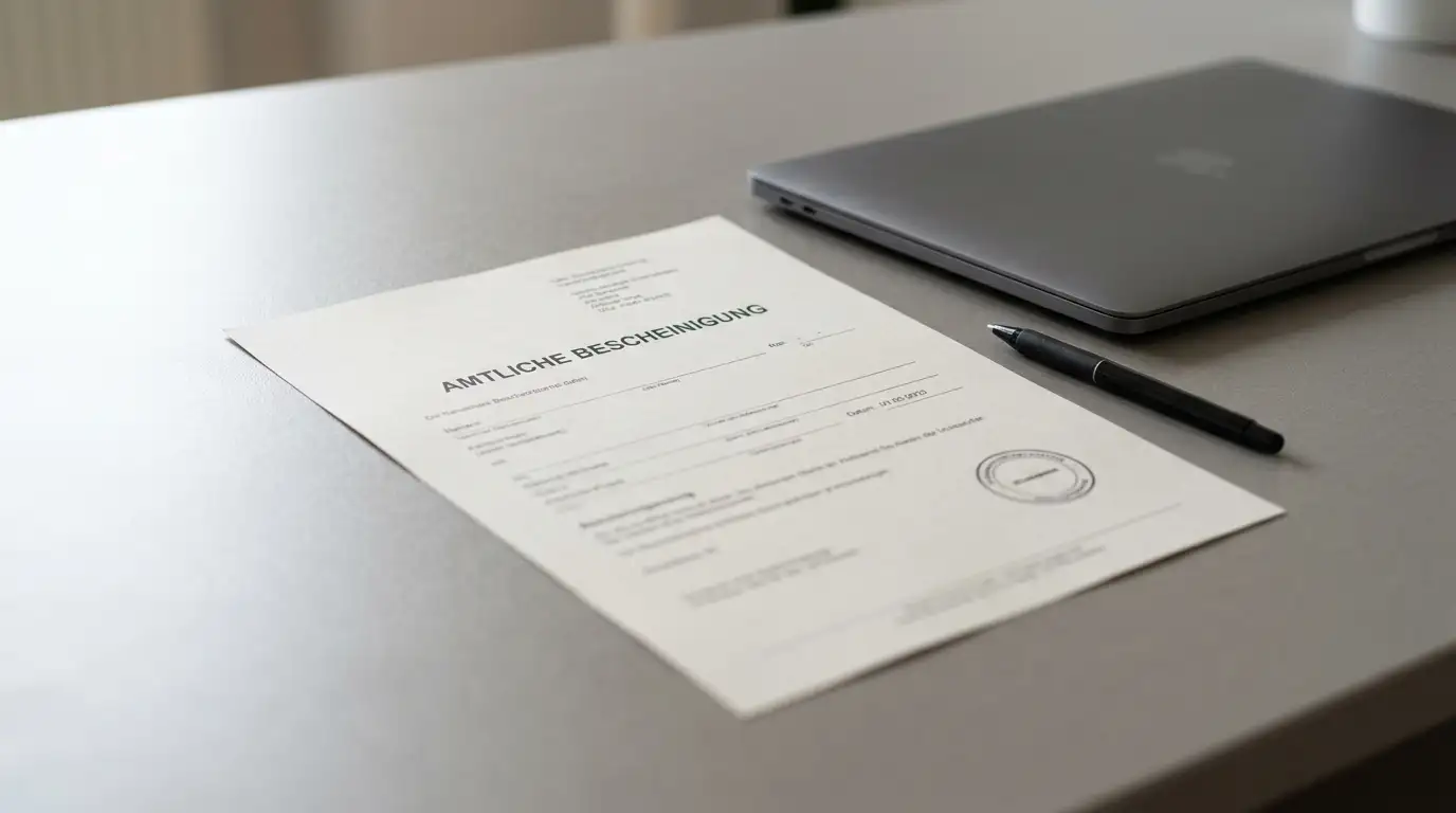 Neutrales Lizenzdokument mit Stempel auf einem aufgeräumten Schreibtisch