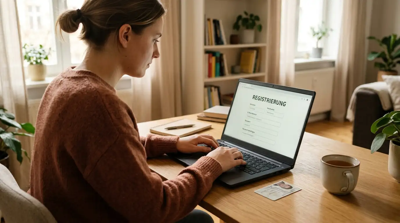Person legt an einem Laptop ein Casino-Konto für Freispiele ohne Einzahlung an