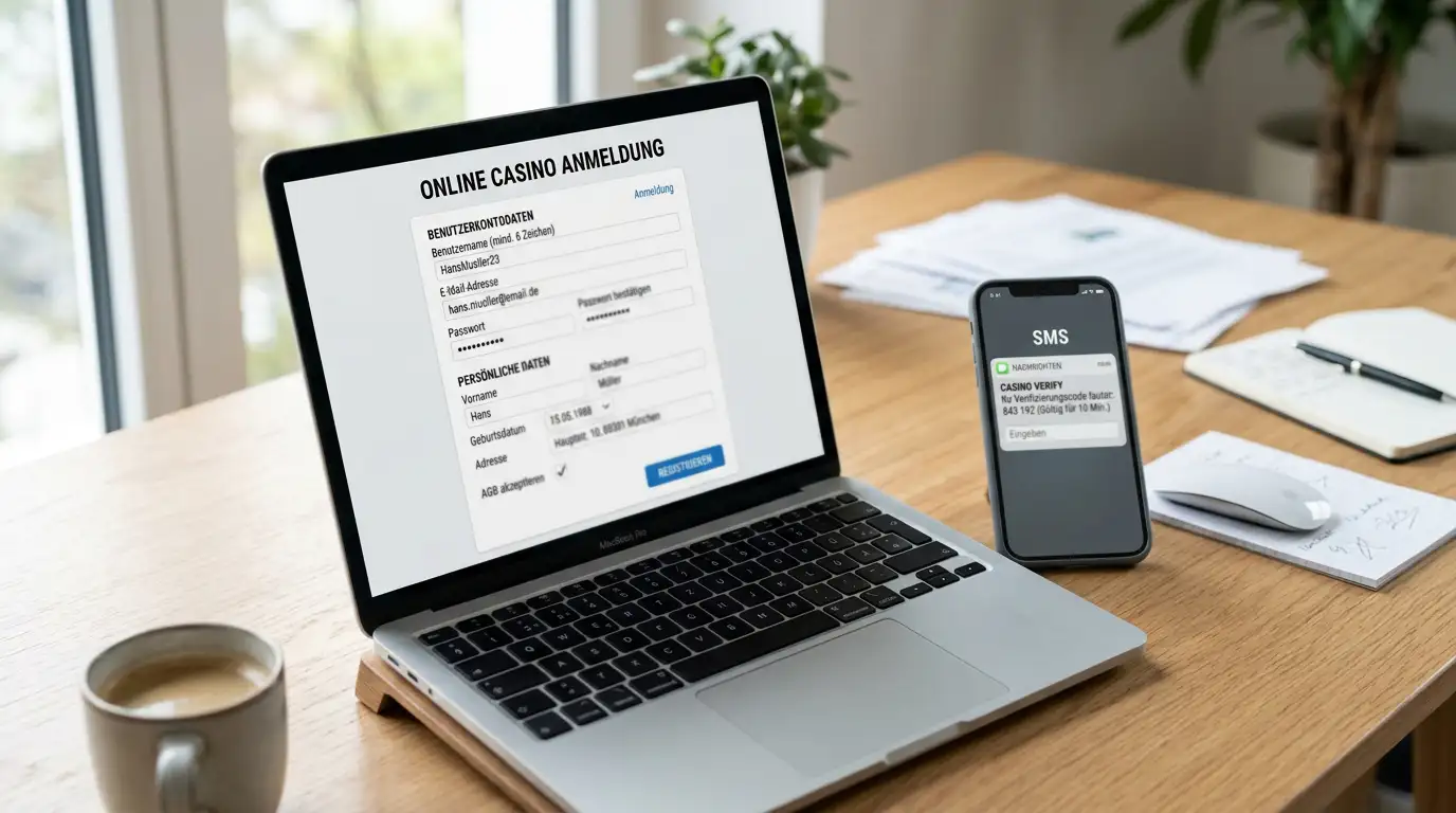 Laptop mit geöffnetem Casino-Registrierungsformular und Smartphone für Verifizierung