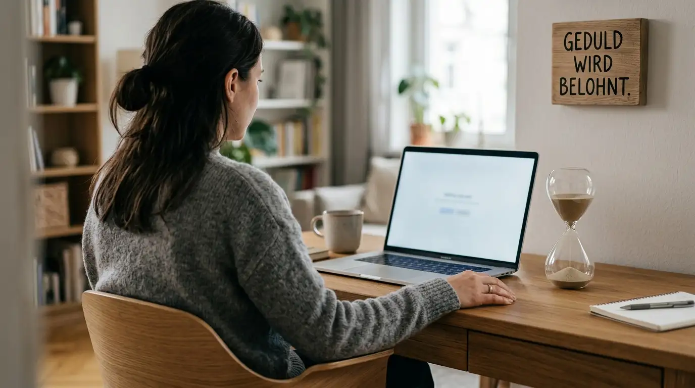 Person am Laptop wartet auf eine Auszahlung, daneben eine schlichte Sanduhr