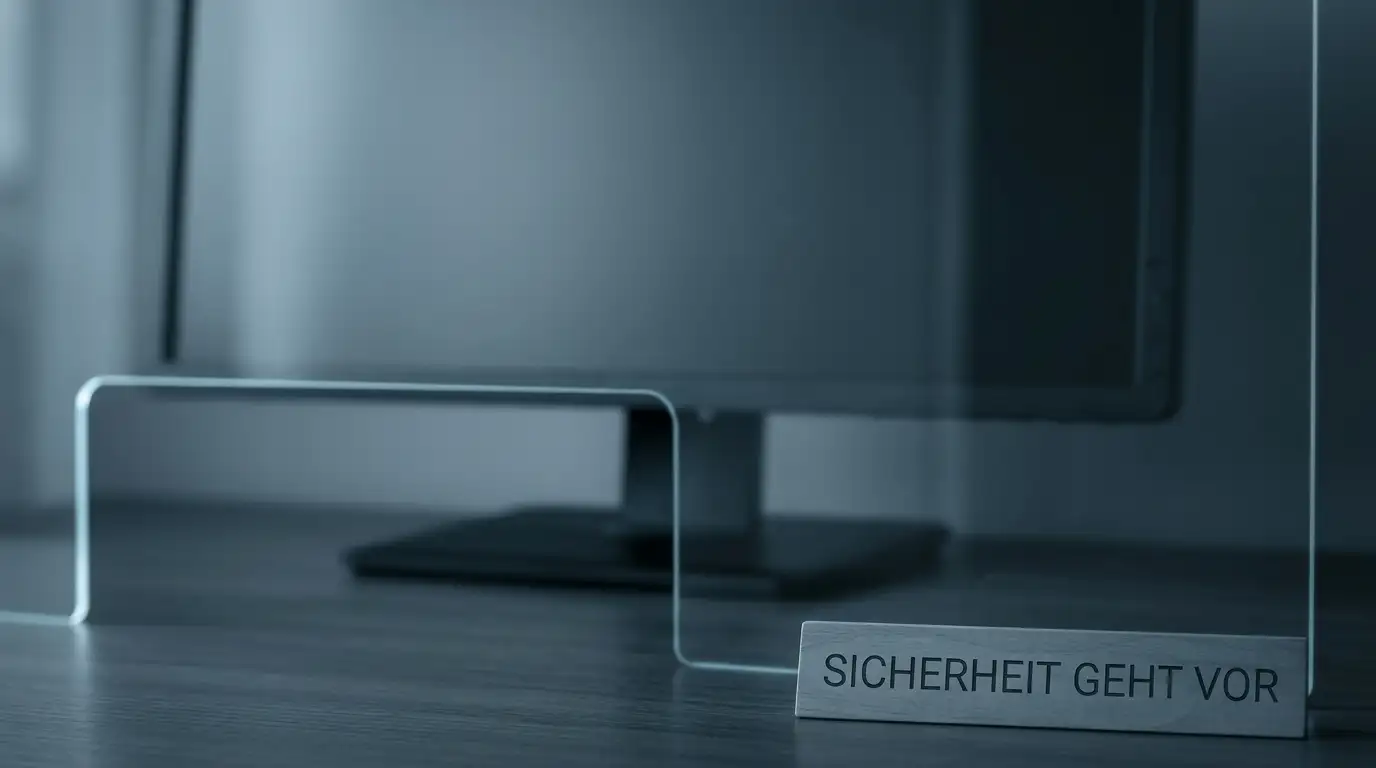 Schützendes Glasschild vor einem gedämpften Bildschirm auf ruhigem Schreibtisch