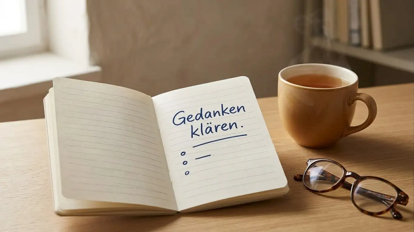 Ruhige Szene mit Notizbuch und Tasse, die überlegtes Vorgehen beim Freispielbonus andeutet