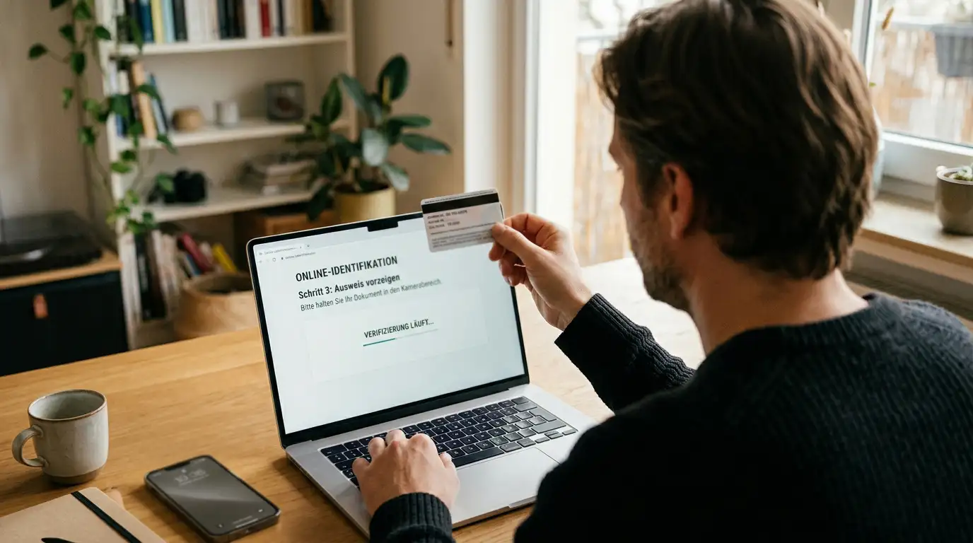 Person am Laptop lädt ein Ausweisdokument zur Verifizierung eines Spielkontos hoch