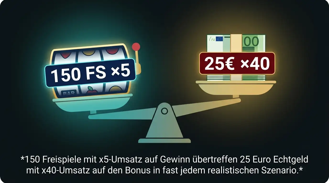 Waage vergleicht 150 Freispiele mit x5-Umsatz vs. 25 Euro Echtgeld mit x40-Umsatz