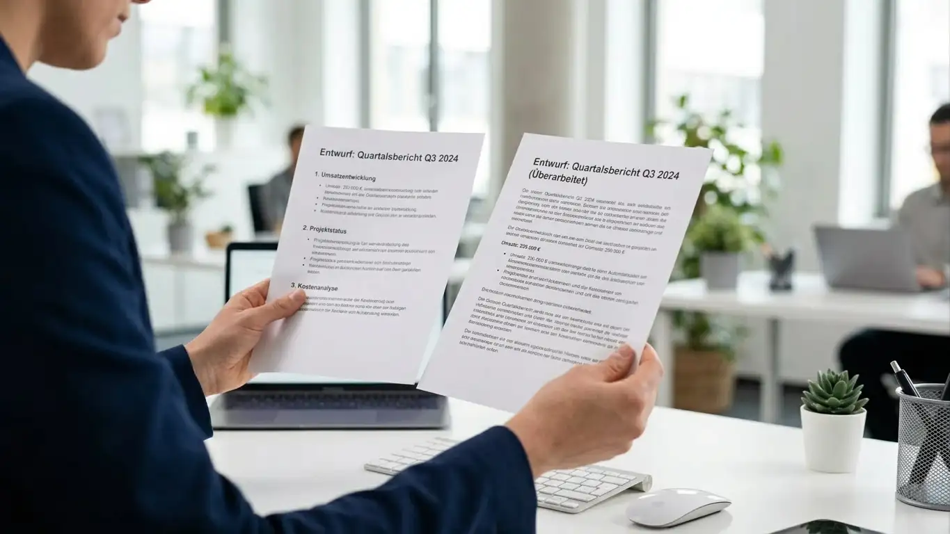 Person hält zwei Dokumente nebeneinander und vergleicht sie an einem hellen Schreibtisch, keine Logos, sachlicher Bürokontext, neutrales Tageslicht