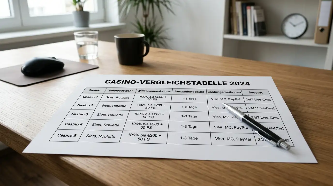 Desktop mit Vergleichstabelle deutscher lizenzierter Online-Casinos