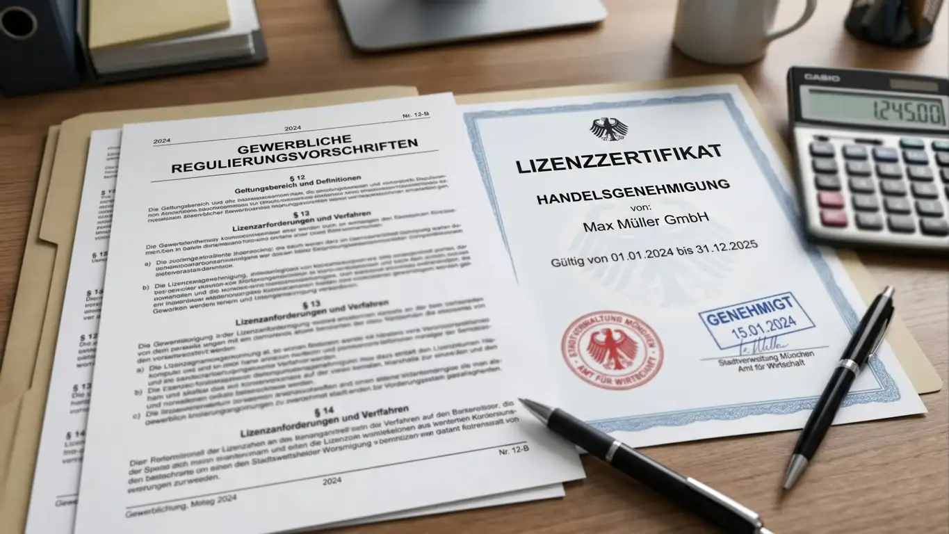 Dokument mit GGL-Logo und rechtlichen Paragraphen, daneben Taschenrechner und gestempelte Lizenzurkunde