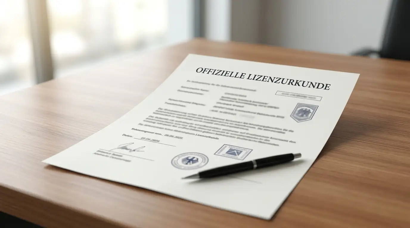 Offizielles Lizenzdokument auf Schreibtisch mit Stempel