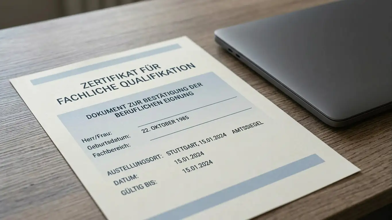 Amtliches deutsches Lizenzdokument neben einem Laptop auf einem Schreibtisch