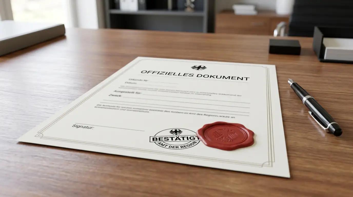 Offizielles Lizenz-Dokument mit Siegel und Stempel auf Schreibtisch