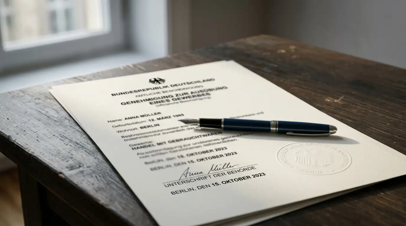 Deutsche Glücksspiellizenz als amtliches Dokument mit Stempel auf einem Schreibtisch