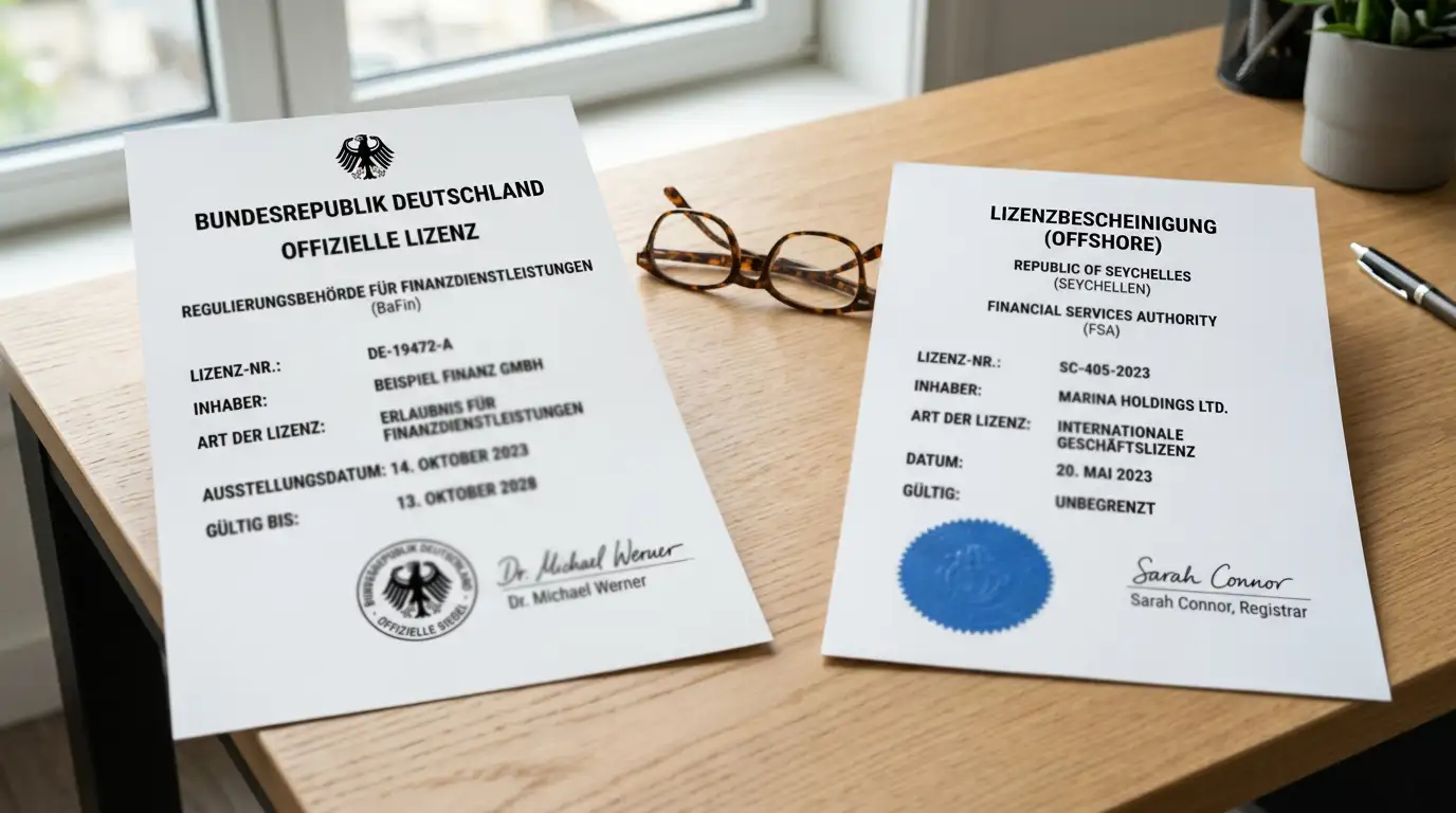 Vergleich zwischen GGL-Lizenz-Dokument und Offshore-Lizenz auf Schreibtisch