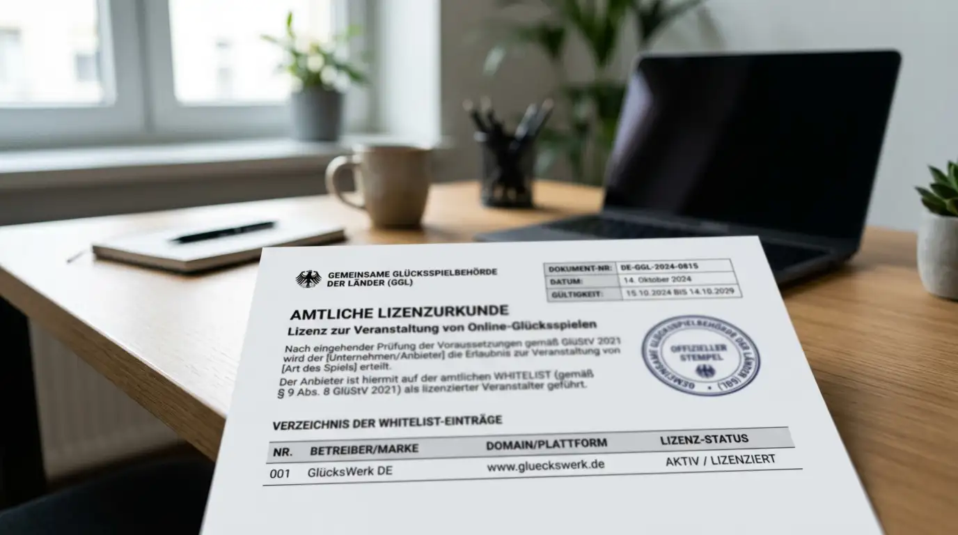 GGL-Lizenzstempel und Whitelist-Dokument auf Schreibtisch