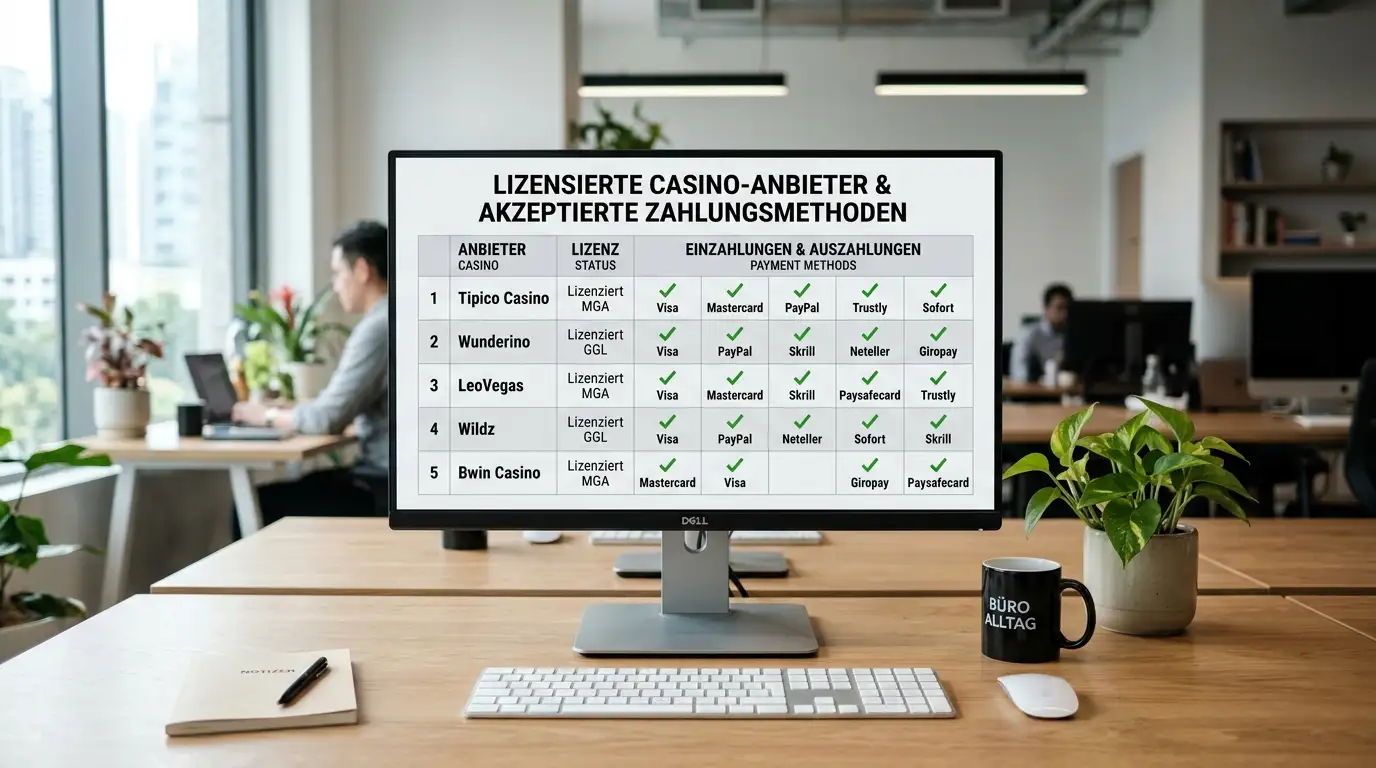 Desktop-Monitor zeigt Liste von GGL-lizenzierten Casino-Anbietern mit Häkchen bei akzeptierten Zahlungsmethoden