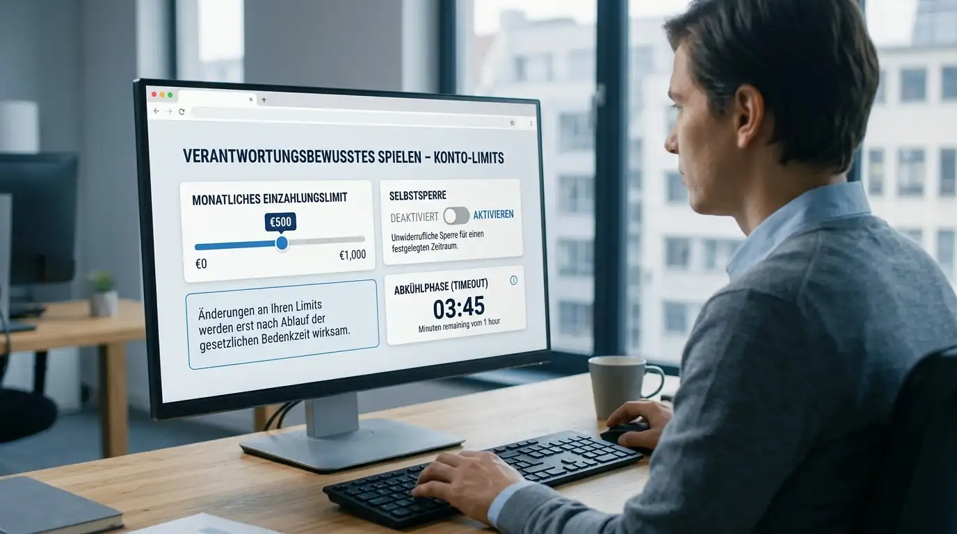 Person prüft am Bildschirm die Einzahlungslimits und Sperrsysteme im deutschen Glücksspielmarkt
