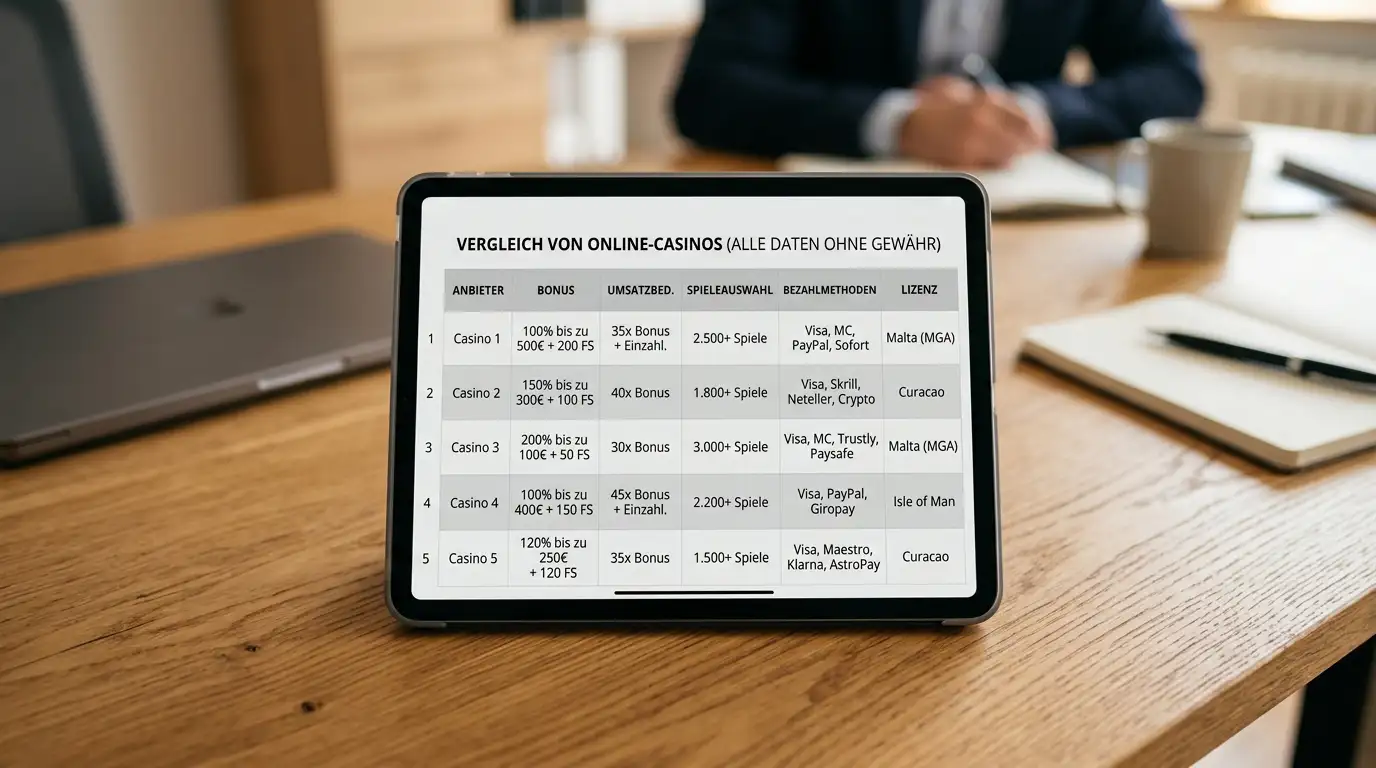 Vergleichstabelle auf einem Tablet zwischen GGL-Casino und Offshore-Casino