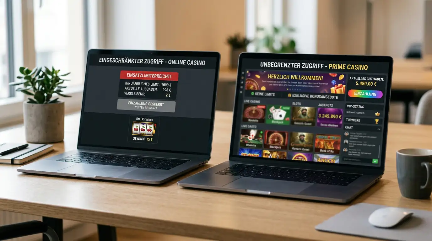Zwei parallele Bildschirme zeigen GGL-Casino und Offshore-Casino im direkten Vergleich