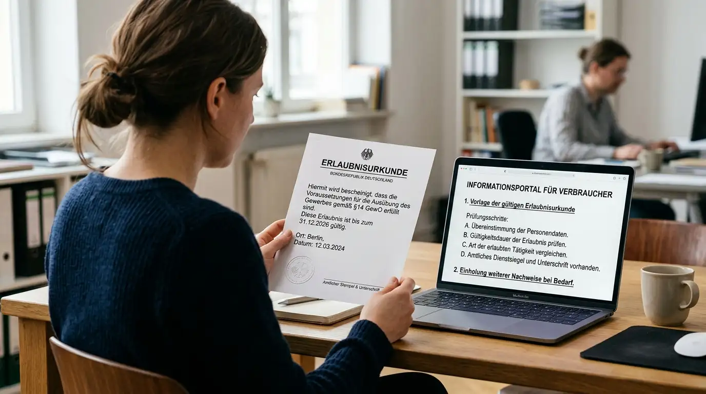 Person vergleicht neutrales Erlaubnisdokument mit einer Anbieterangabe